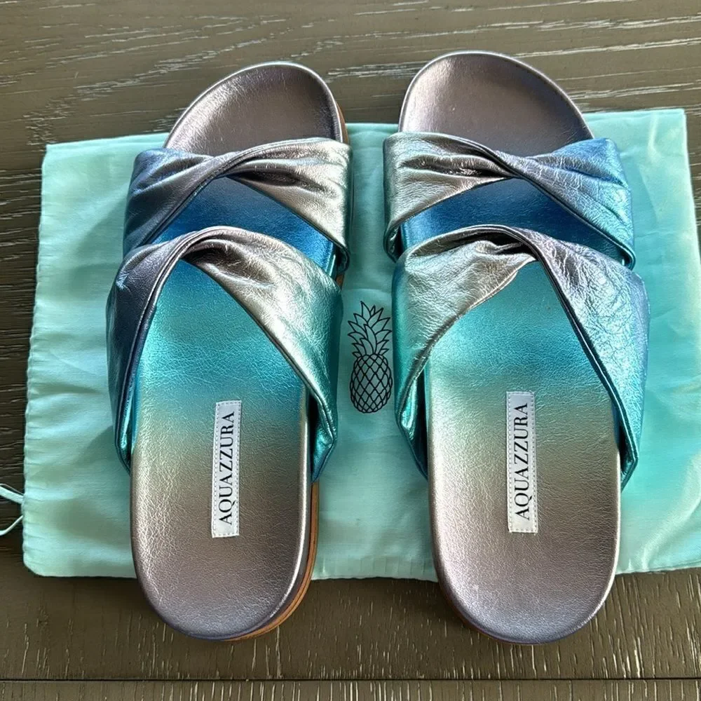Aquazzura Twist Leather Metallic Blue Sandals Slides Made in Italy Size 38 NWOB